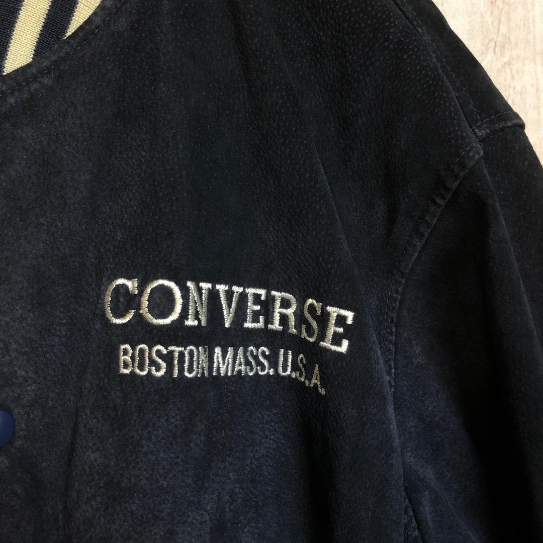 【コンバース レザースタジャン】 本革 刺繍 スエード XL 黒 古着