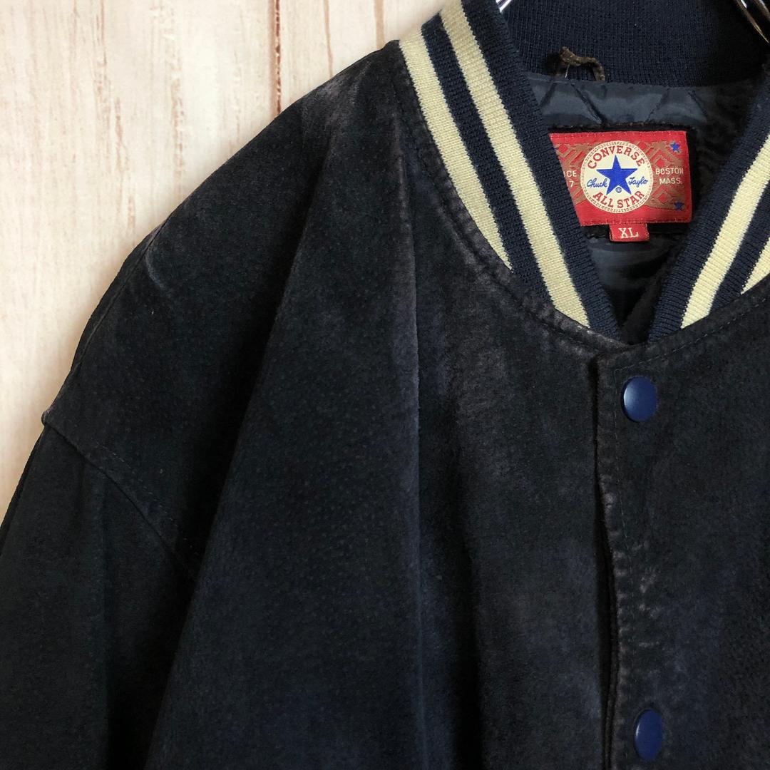 【コンバース レザースタジャン】 本革 刺繍 スエード XL 黒 古着