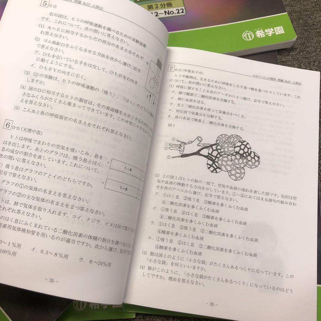 希学園　5年　理科　オリジナルテキスト　第１分冊～第４分冊　2020年度