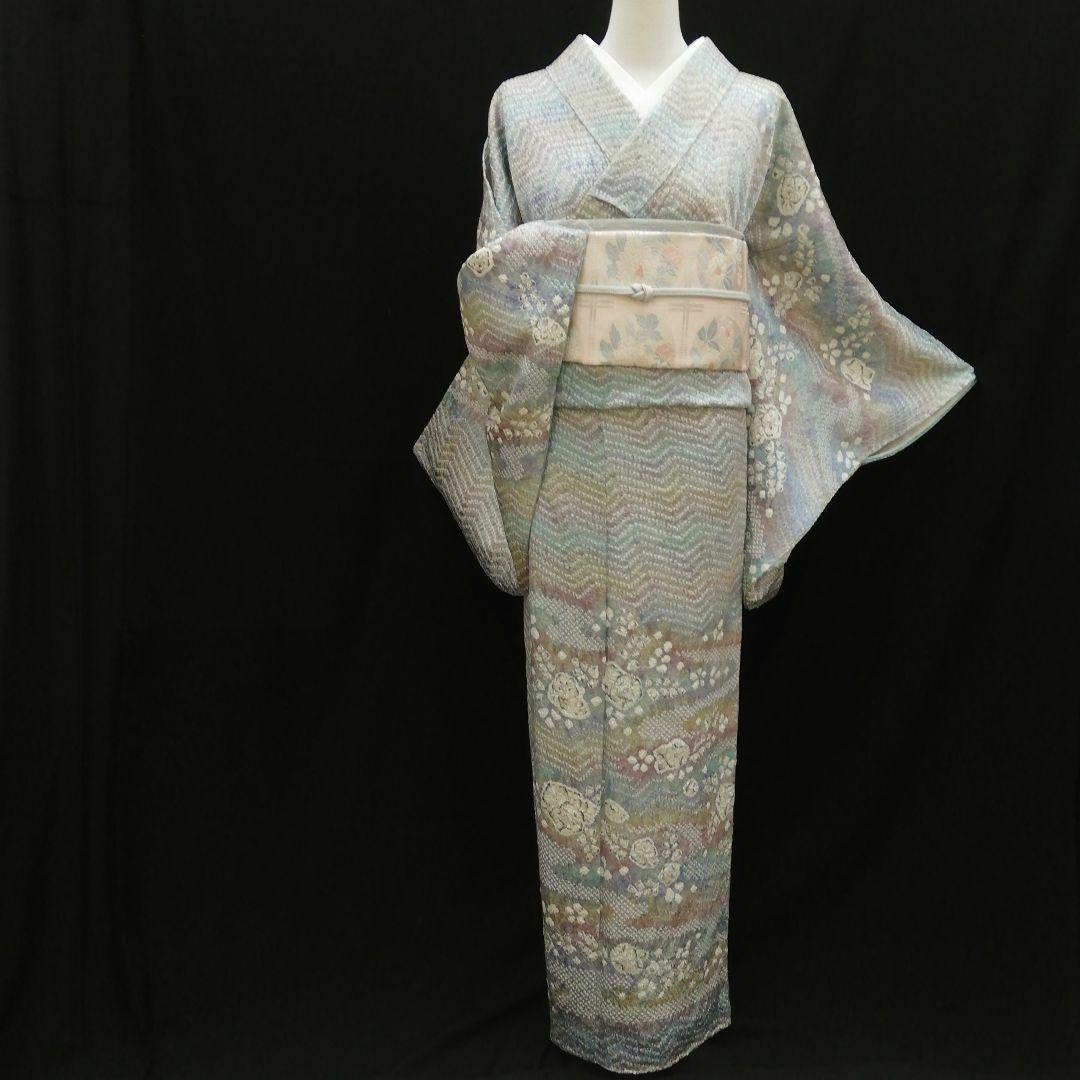 訪問着(袷)　(流水に辻ヶ花 紋様　総絞り　虹色系　セミアンティーク)