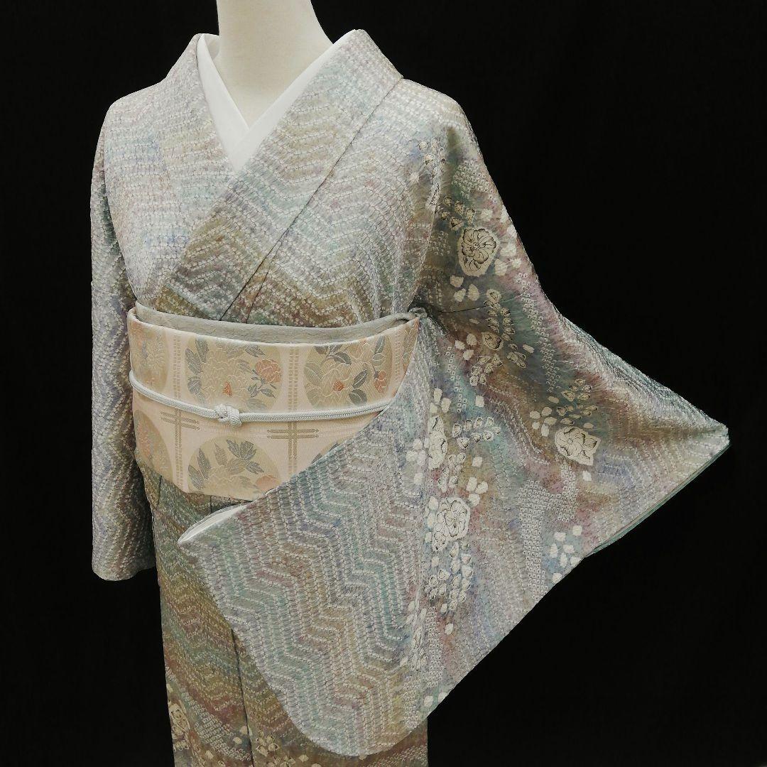 訪問着(袷)　(流水に辻ヶ花 紋様　総絞り　虹色系　セミアンティーク)