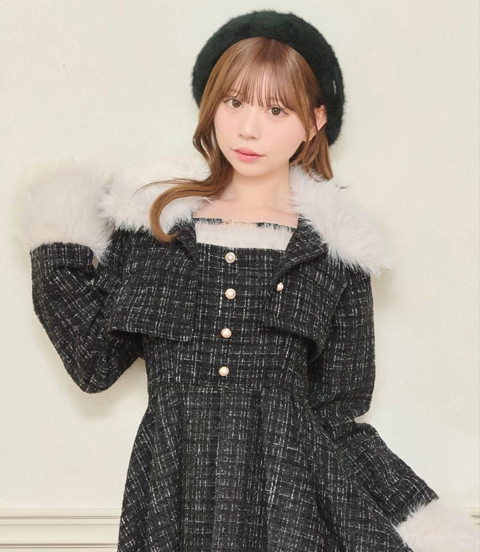 【セット着用可能】ファー付きツイードミニキャミワンピースとジャケット2点セット