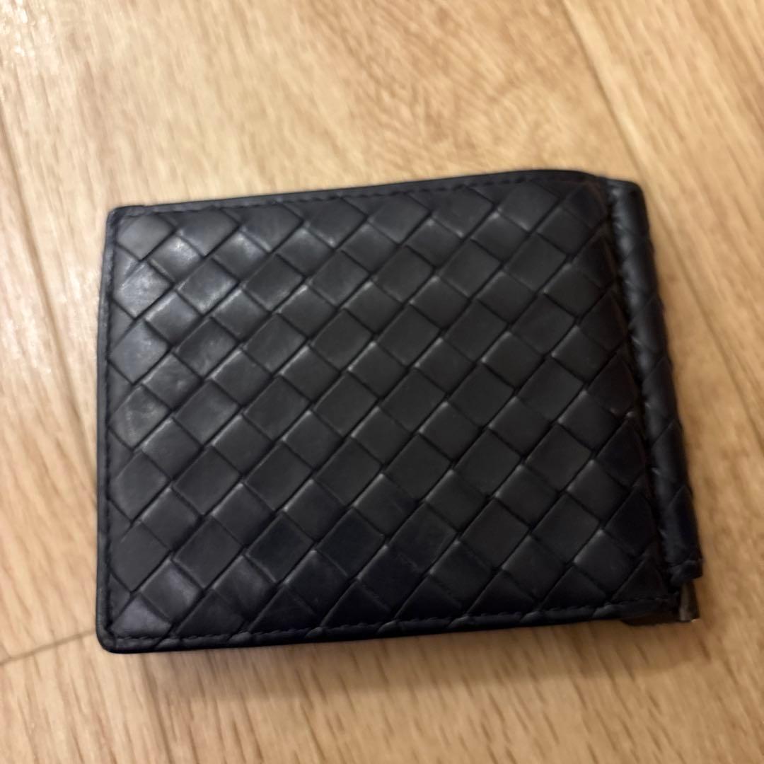 ネイビー レザー マネークリップ 編み込みデザイン