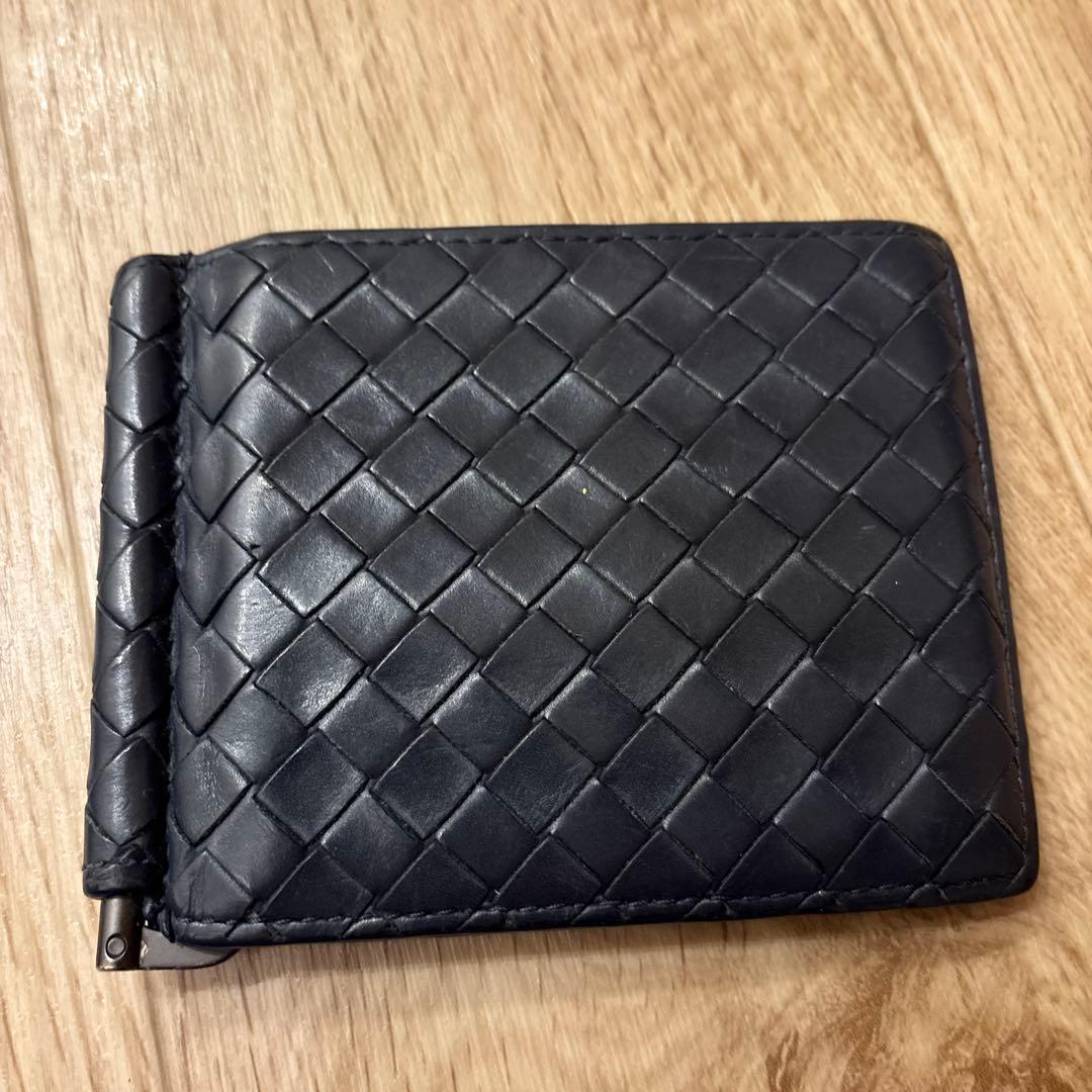 ネイビー レザー マネークリップ 編み込みデザイン