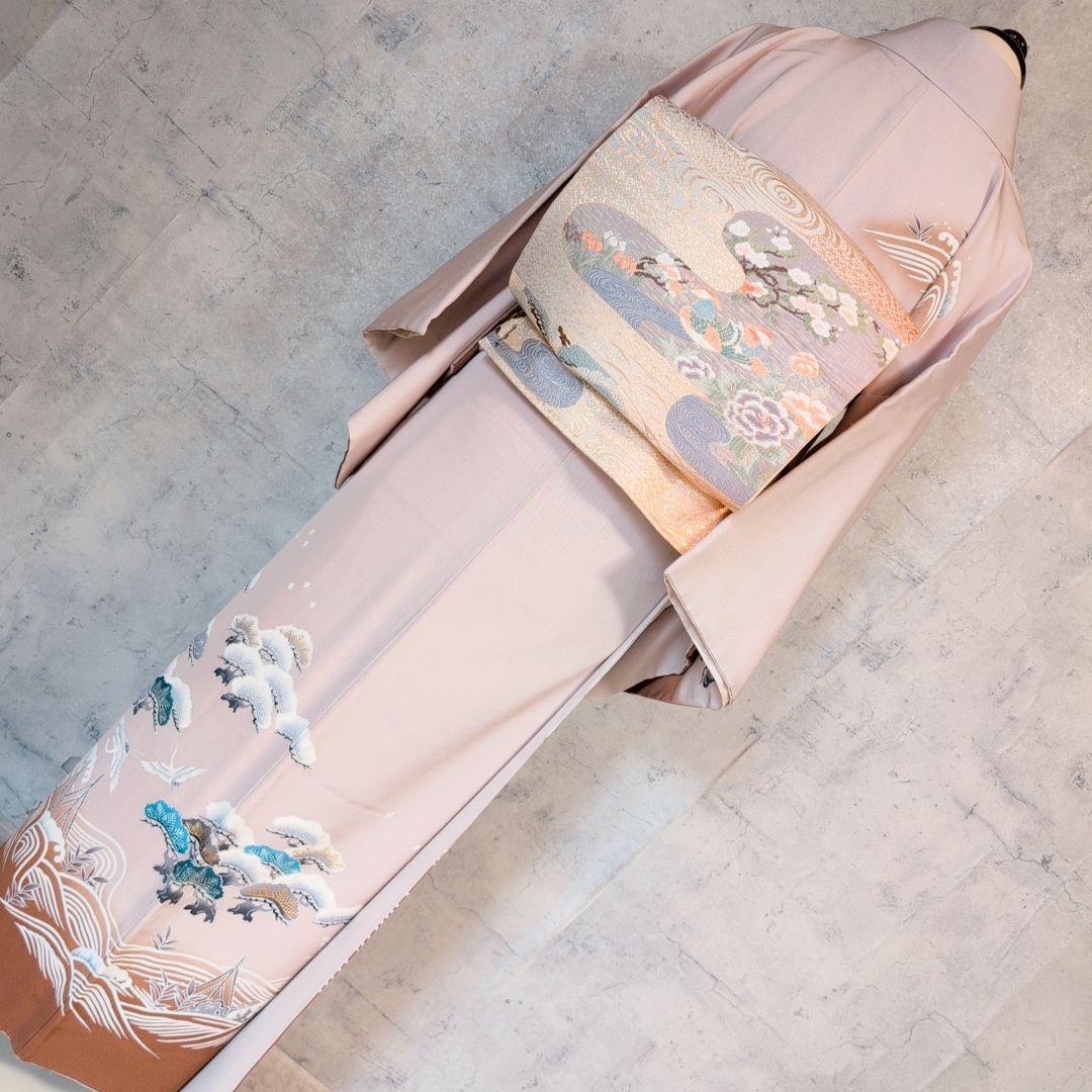 訪問着　フルセット　着物　正絹　金彩加工　松波鶴　祝い事　F2