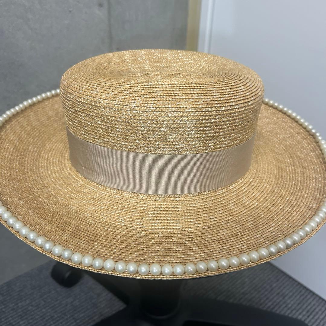 【中古美品】Gucciグッチ 麦わら帽子 ホワイトパール装飾GGロゴ