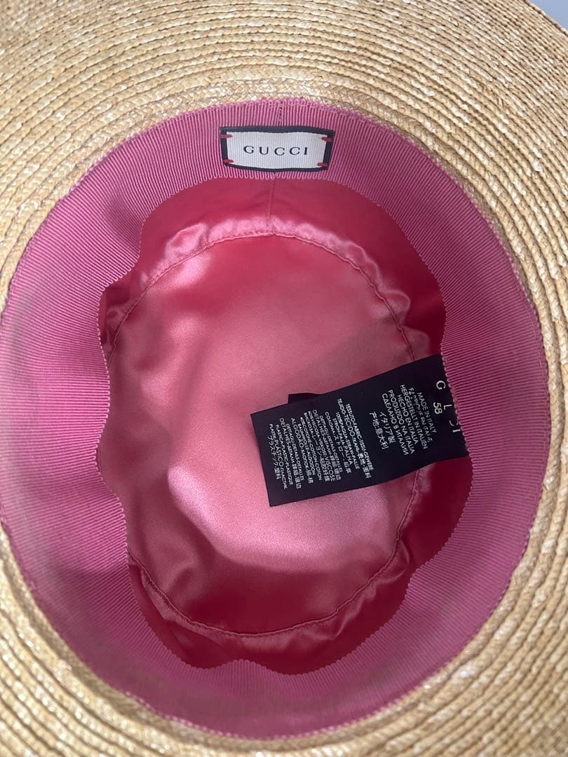 【中古美品】Gucciグッチ 麦わら帽子 ホワイトパール装飾GGロゴ