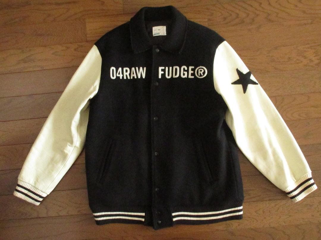 ★ローファッジRAW FUDGE袖牛革アワードジャケットL黒×白