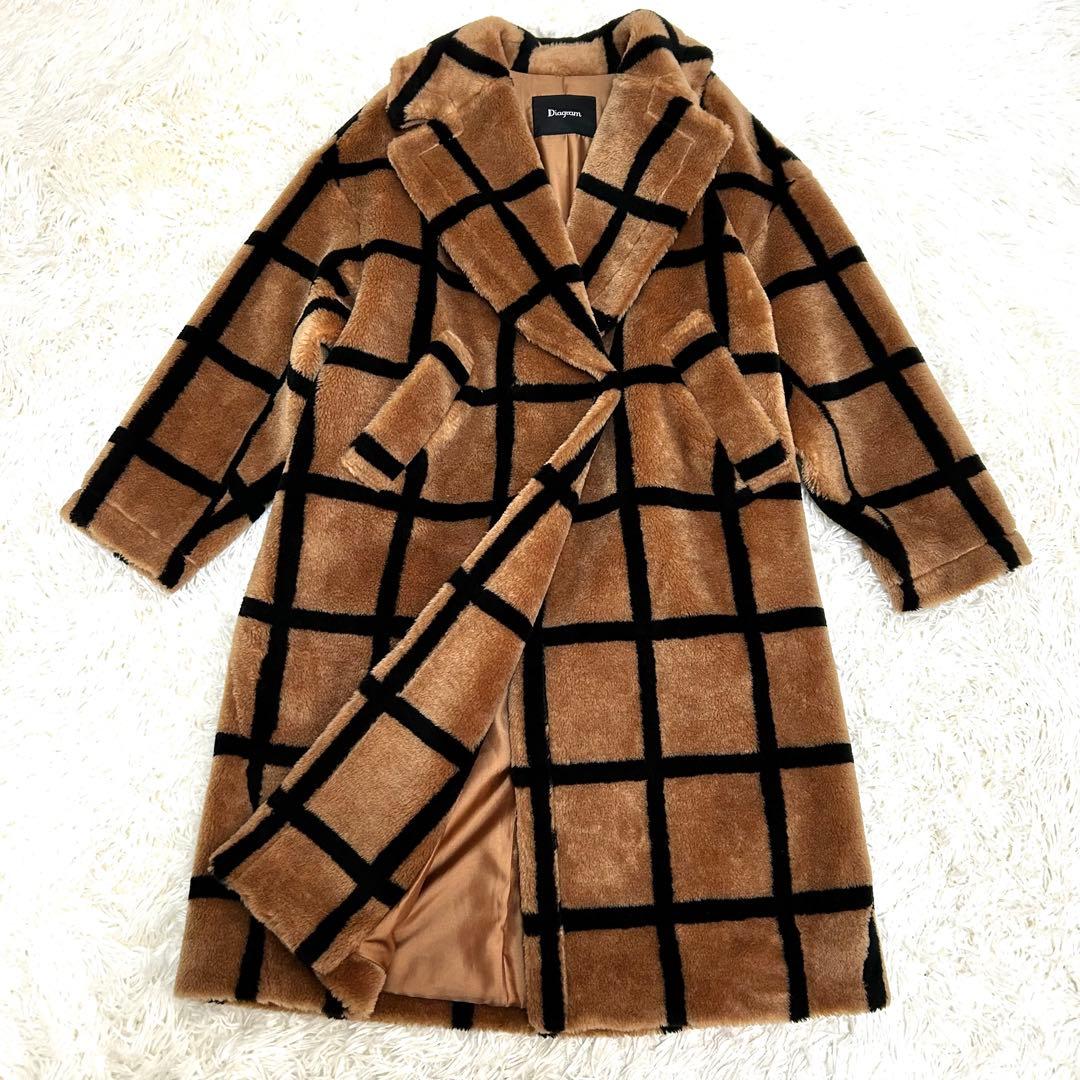 極美品　diagram テディベアコート　エコファー　総柄　キャメル　ブラック
