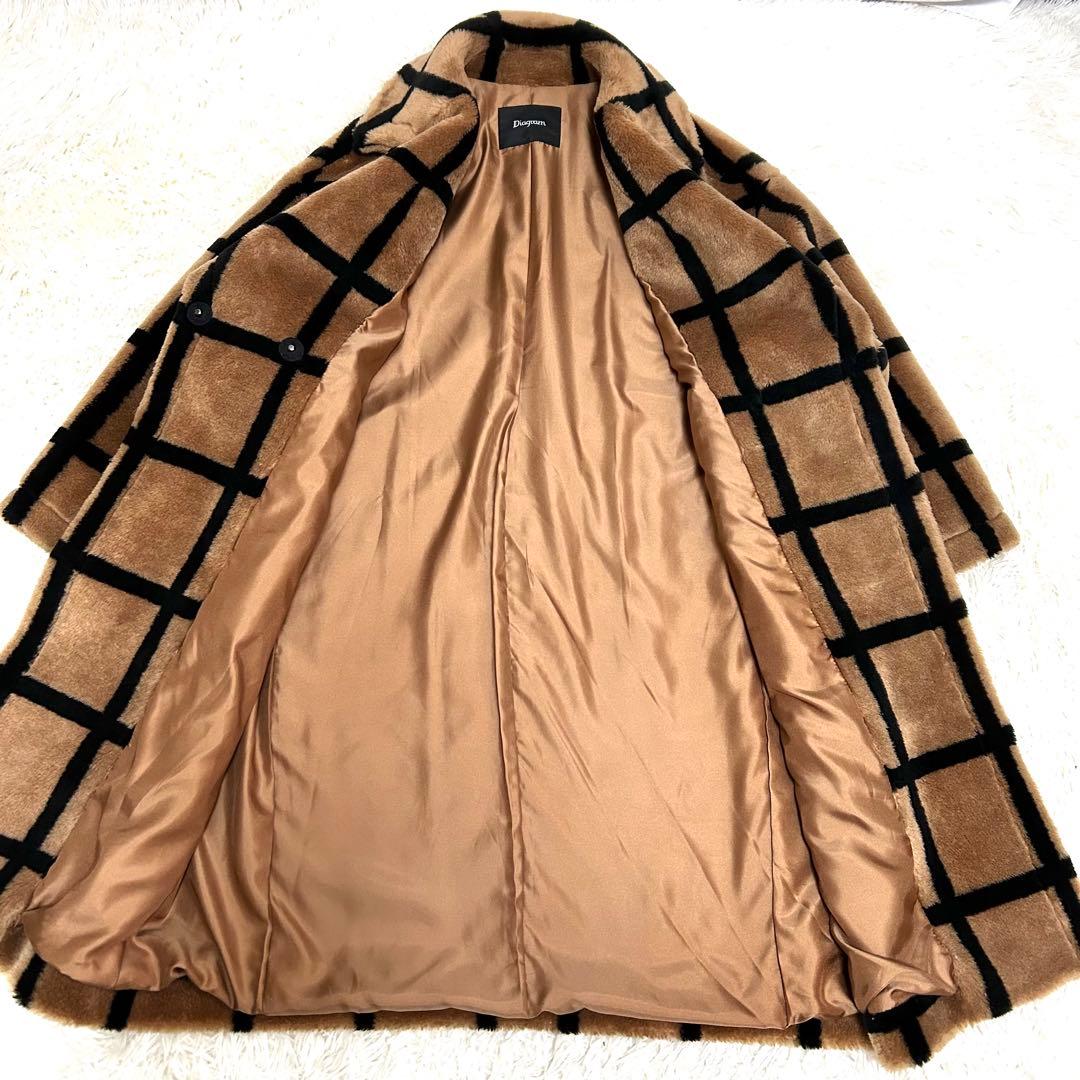 極美品　diagram テディベアコート　エコファー　総柄　キャメル　ブラック