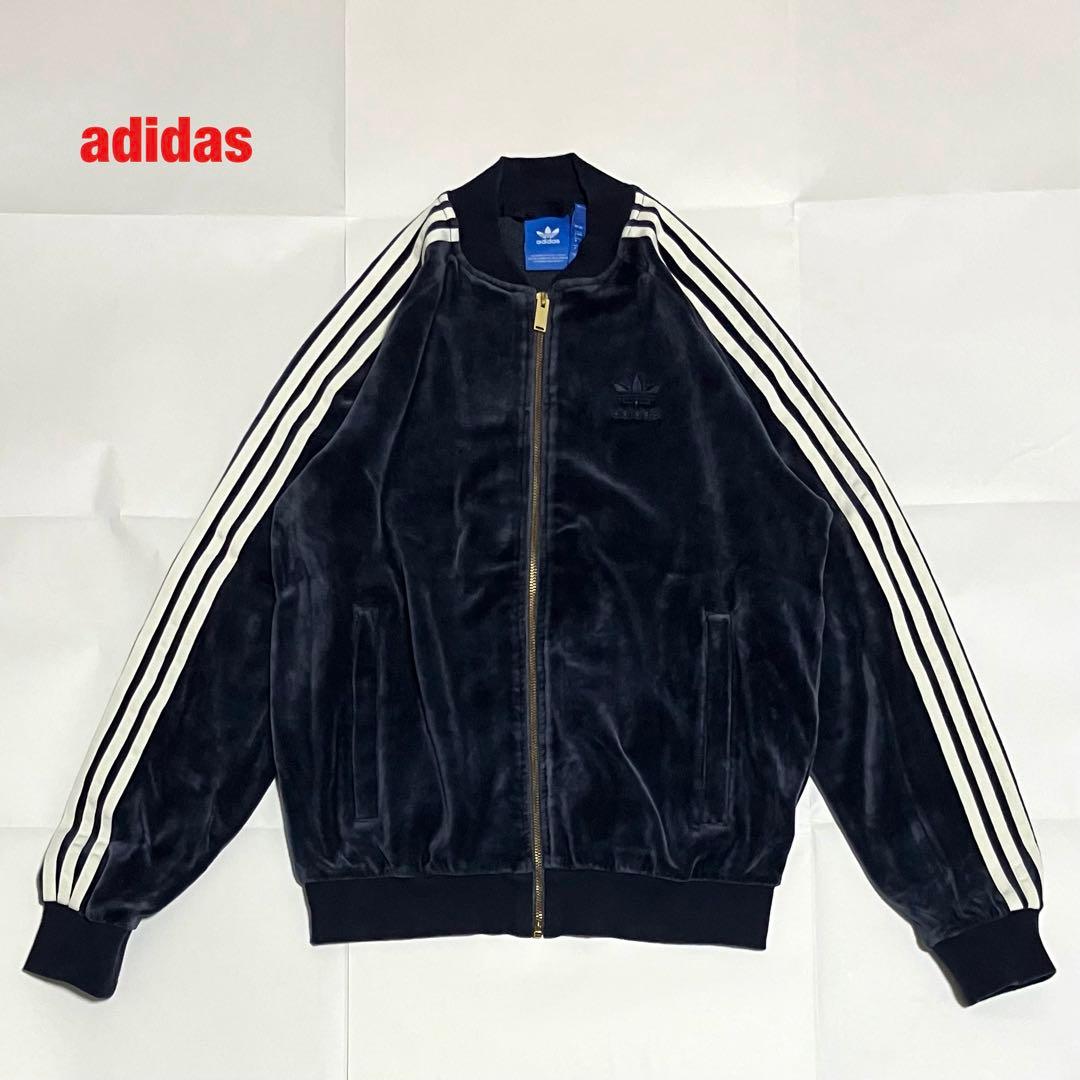 adidas　アディダス　トラックジャケット　ベロア　3本ライン　刺繍ロゴ