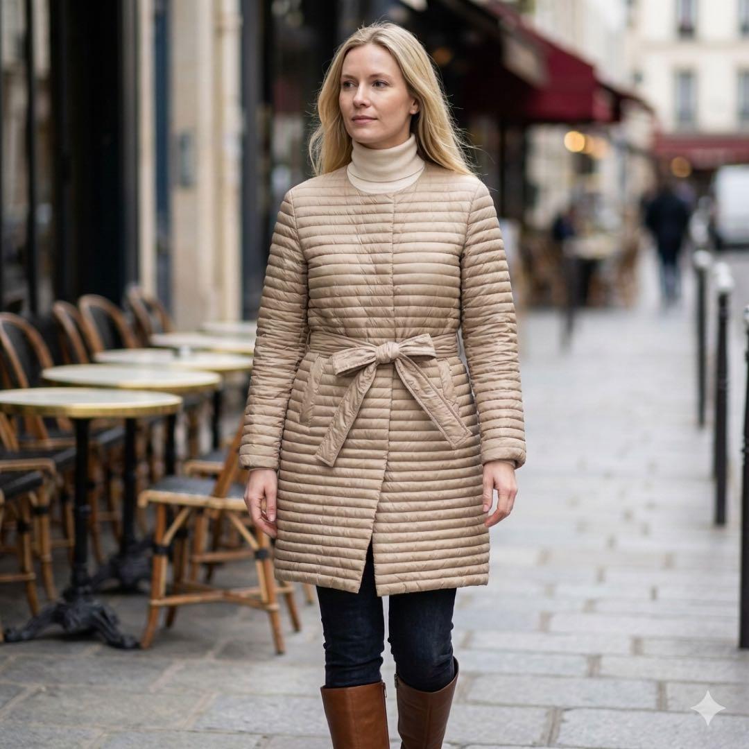 theory luxe ノーカラー ダウンコート 40 ベージュ ベルト付