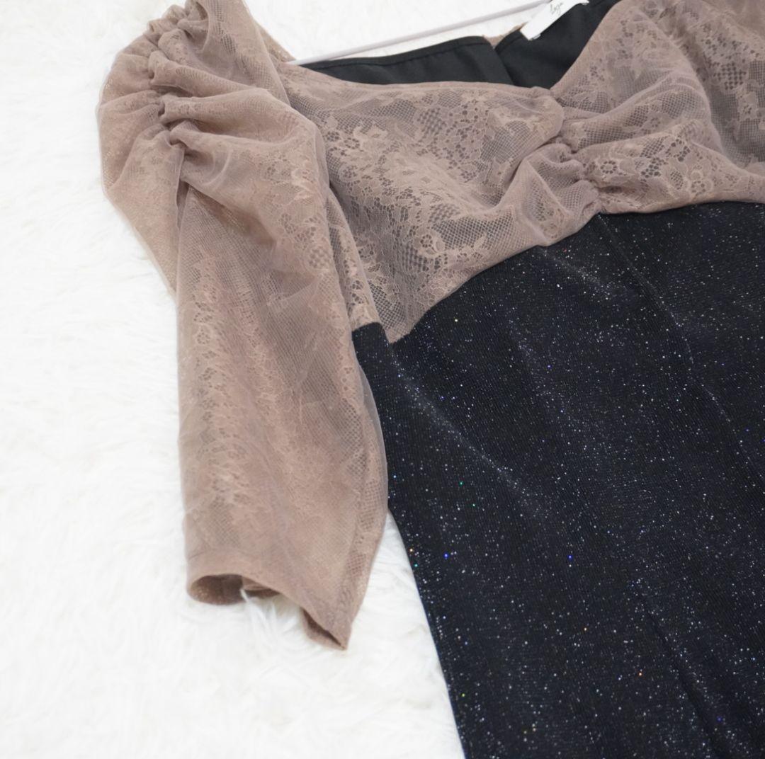 Leja　レース切替透けキラキラAラインロングドレスワンピース　美脚効果　結婚式