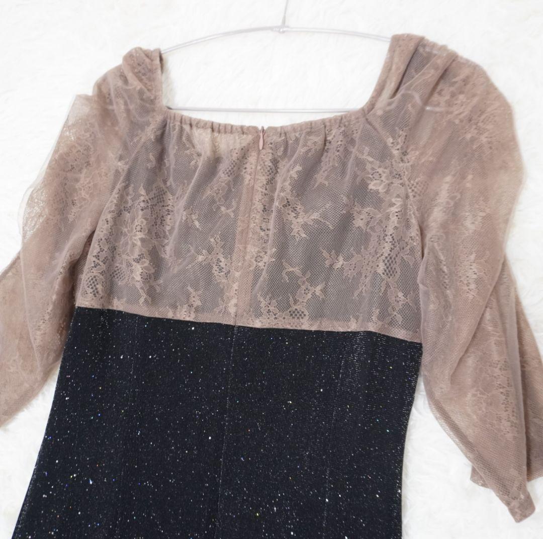 Leja　レース切替透けキラキラAラインロングドレスワンピース　美脚効果　結婚式