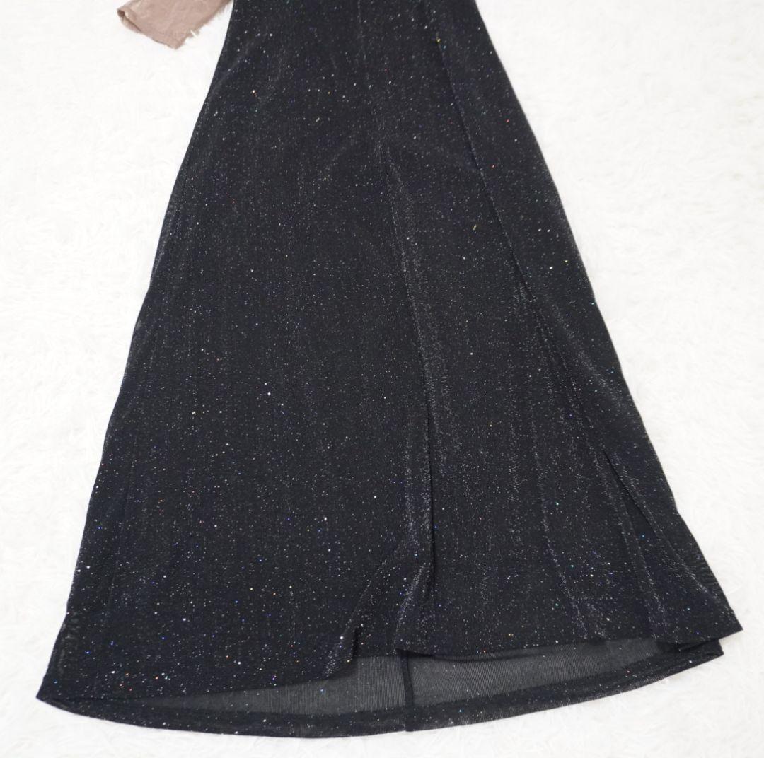 Leja　レース切替透けキラキラAラインロングドレスワンピース　美脚効果　結婚式