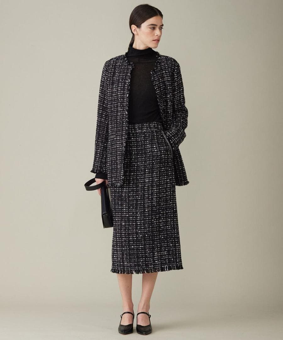 美品　ICB ロービングツイード ノーカラージャケット　ブラック×オフホワイト系