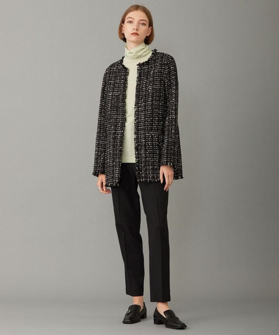 美品　ICB ロービングツイード ノーカラージャケット　ブラック×オフホワイト系