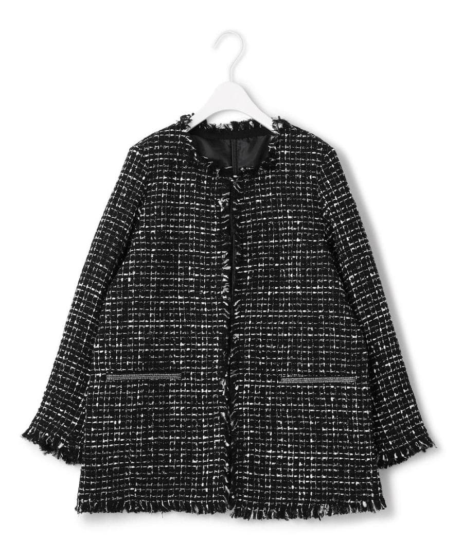 美品　ICB ロービングツイード ノーカラージャケット　ブラック×オフホワイト系