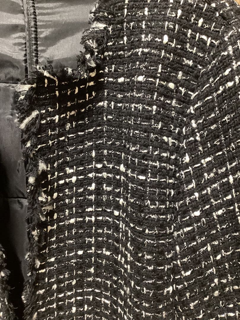 美品　ICB ロービングツイード ノーカラージャケット　ブラック×オフホワイト系