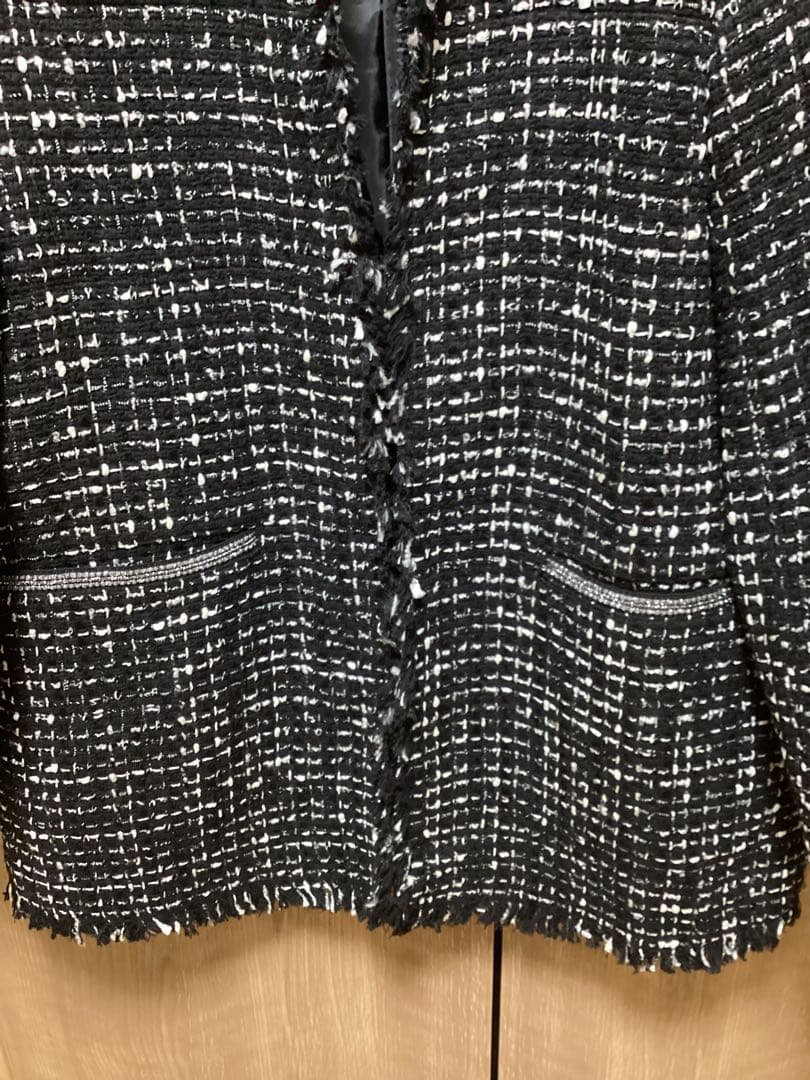 美品　ICB ロービングツイード ノーカラージャケット　ブラック×オフホワイト系