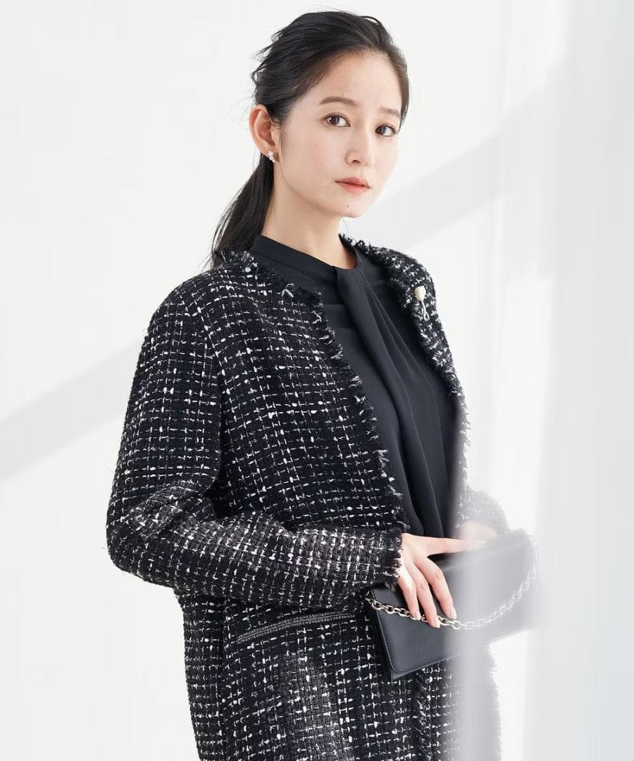 美品　ICB ロービングツイード ノーカラージャケット　ブラック×オフホワイト系