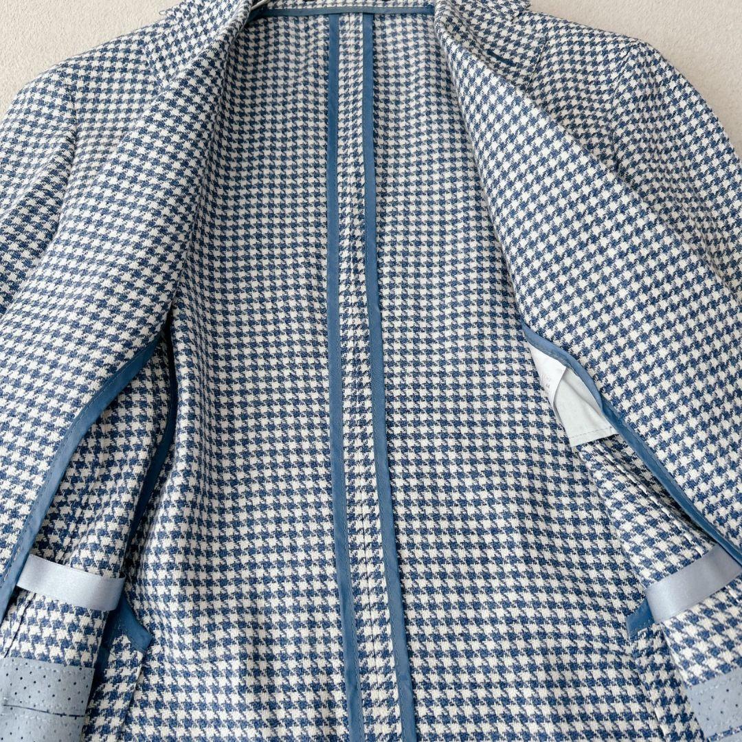 タリアトーレ テーラードジャケット 千鳥格子柄 ライトブルー リネン混 44