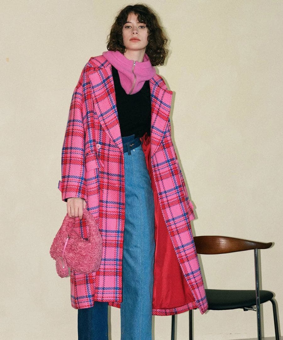 <美品>MAISON SPECIAL ピンク チェック トレンチコート
