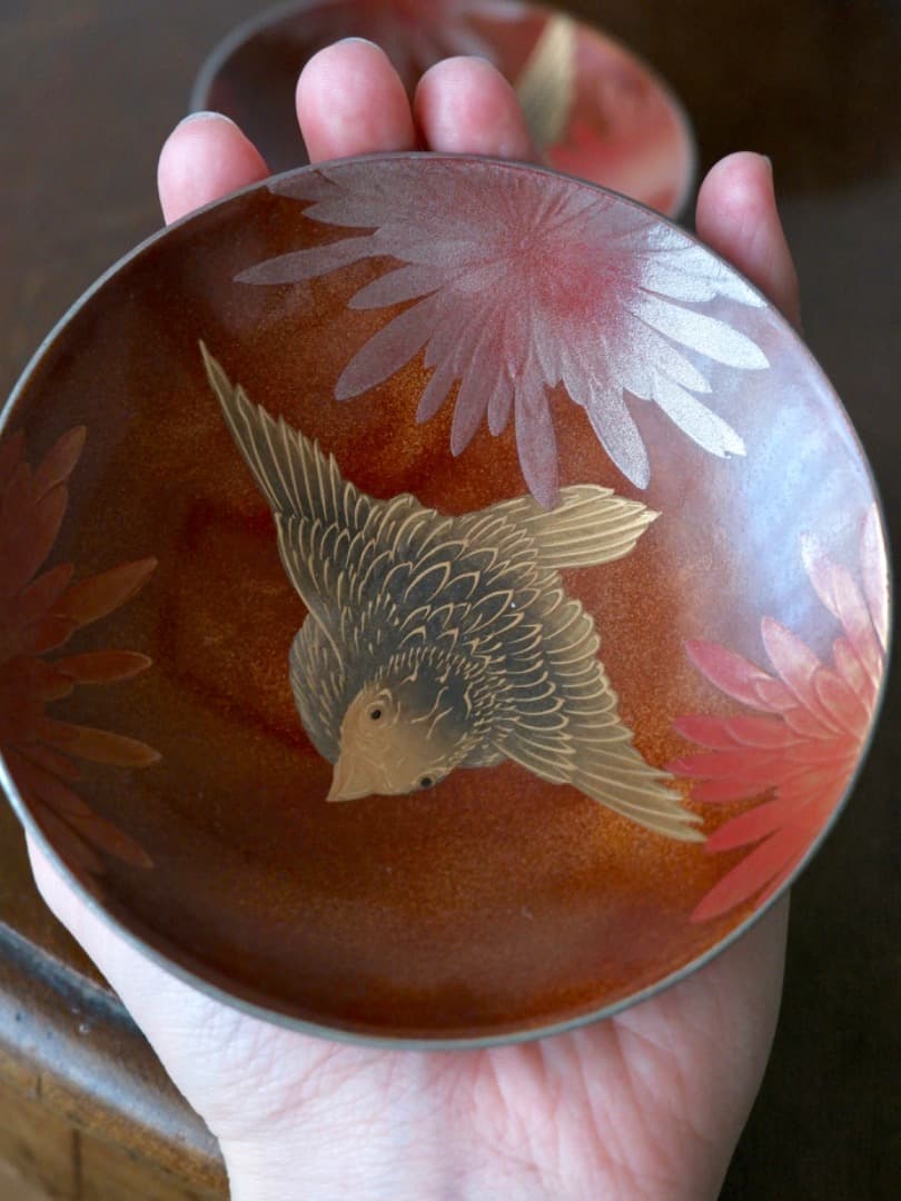 早川崇美　菊華雀蒔絵　三つ組盃　漆工芸　酒道具　美品　箱付　Q1631