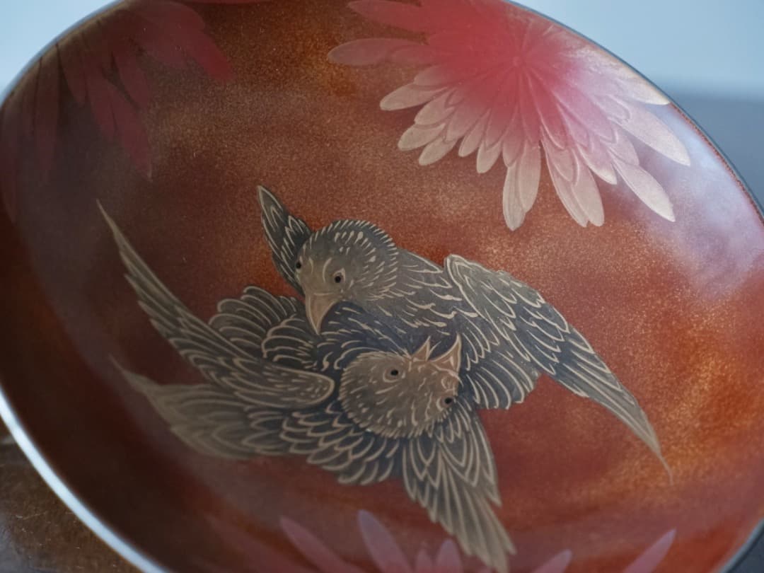 早川崇美　菊華雀蒔絵　三つ組盃　漆工芸　酒道具　美品　箱付　Q1631