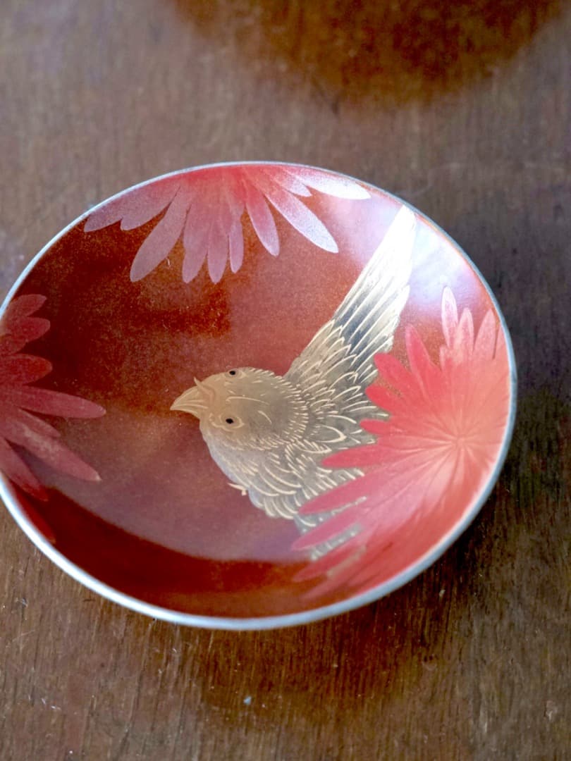 早川崇美　菊華雀蒔絵　三つ組盃　漆工芸　酒道具　美品　箱付　Q1631