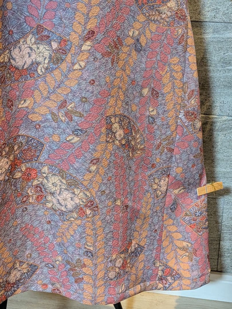 A258着物リメイク辻が花柄Aラインワンピース★リボン・ブローチ