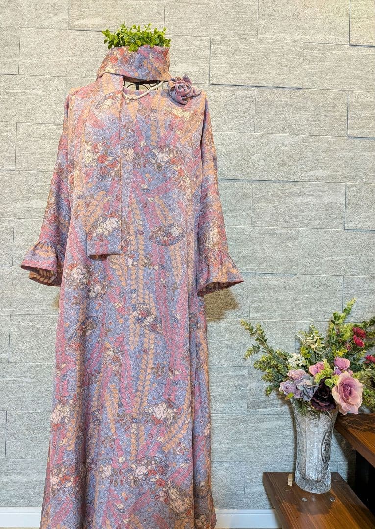 A258着物リメイク辻が花柄Aラインワンピース★リボン・ブローチ