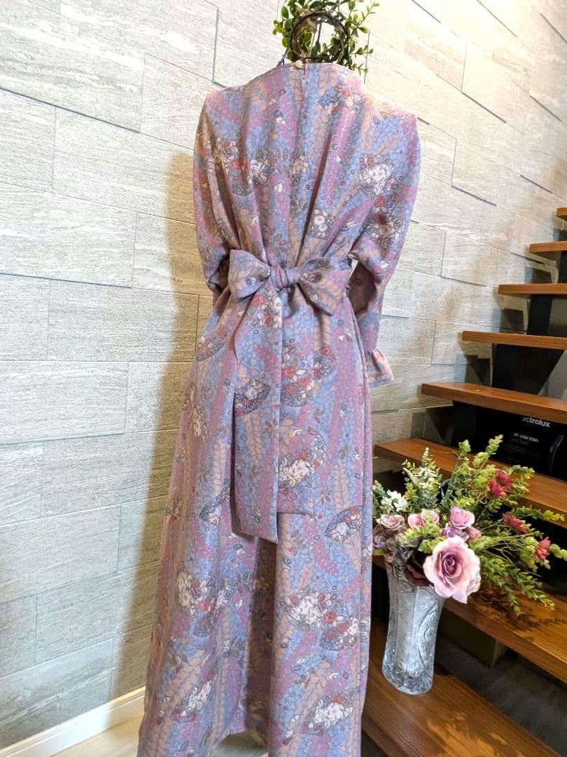 A258着物リメイク辻が花柄Aラインワンピース★リボン・ブローチ
