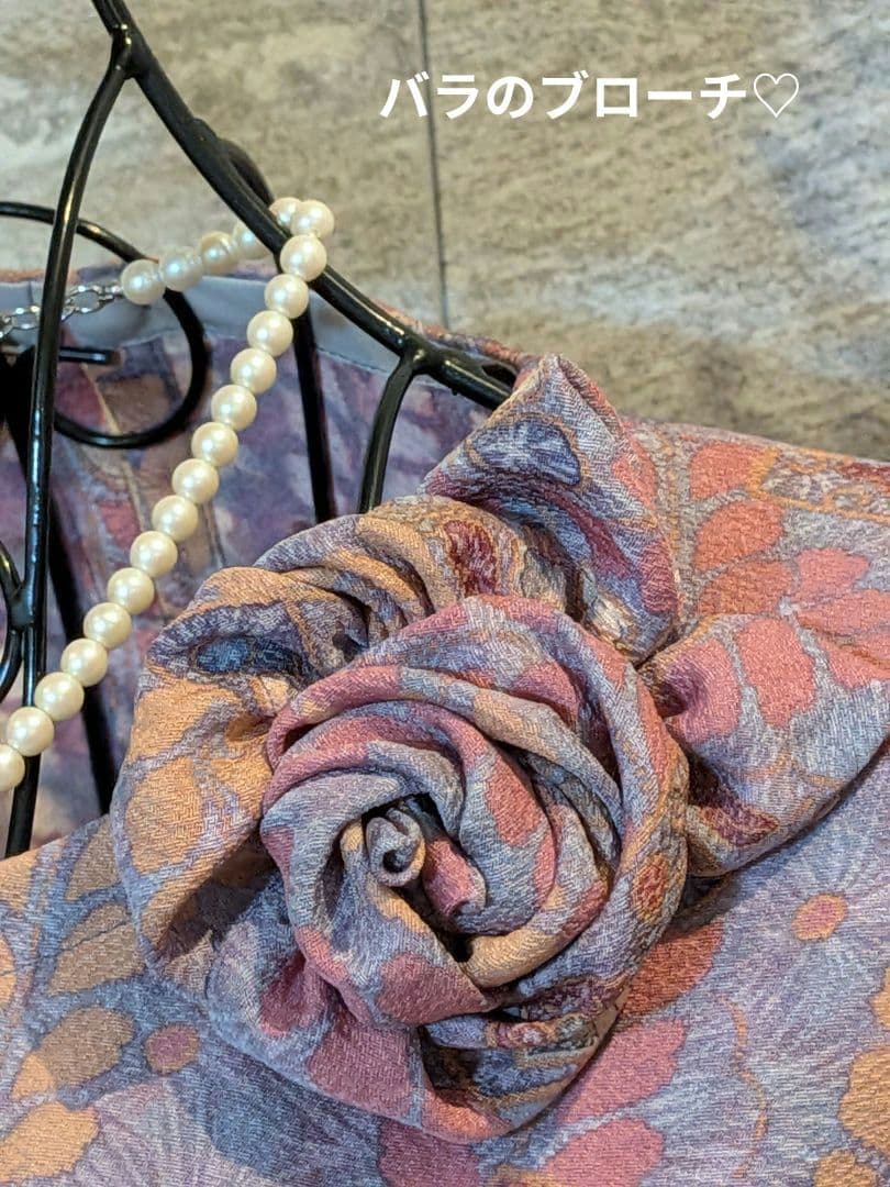 A258着物リメイク辻が花柄Aラインワンピース★リボン・ブローチ