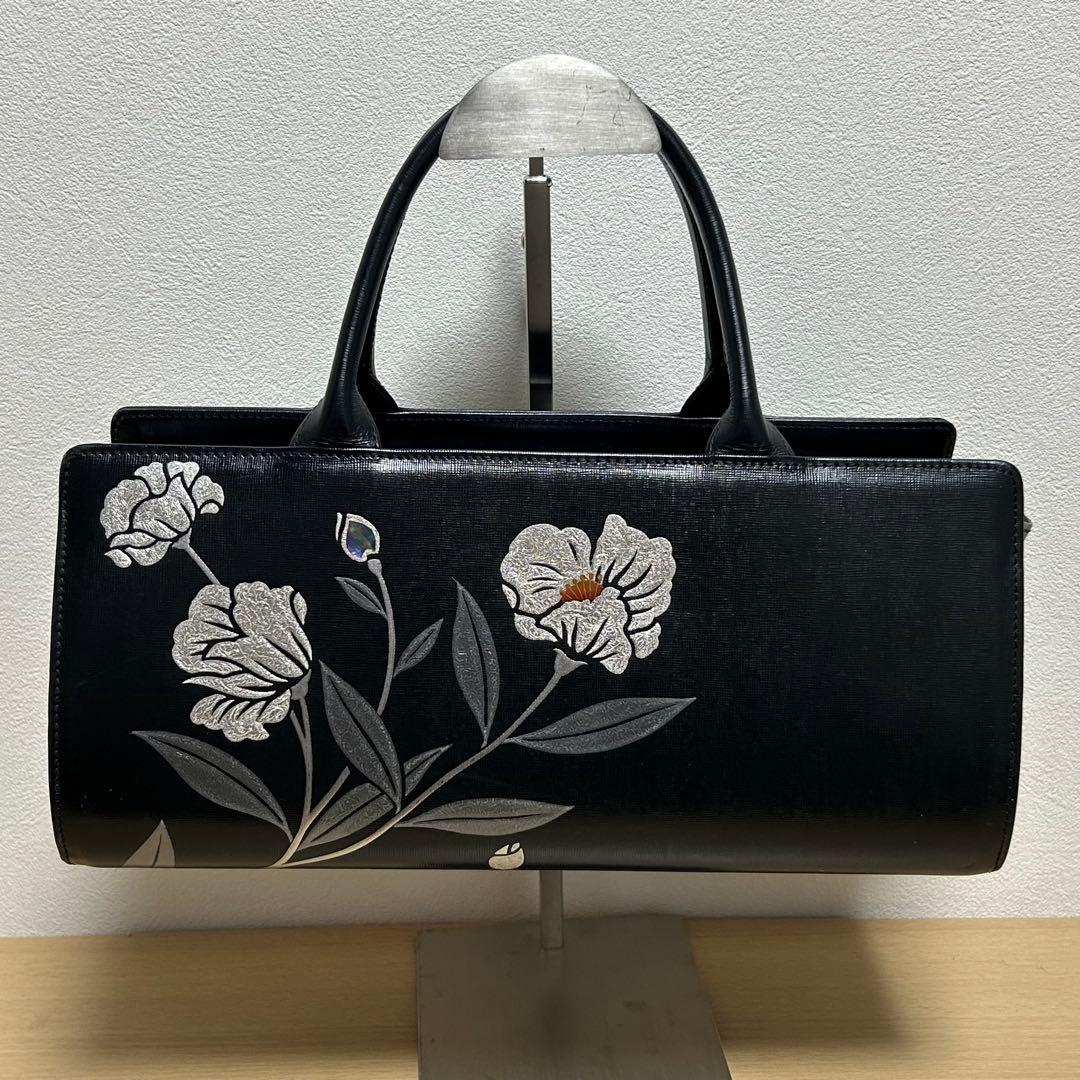 坂本これくしょん 蒔絵レザーバッグ ハンドバッグ 花柄刺繍 美品