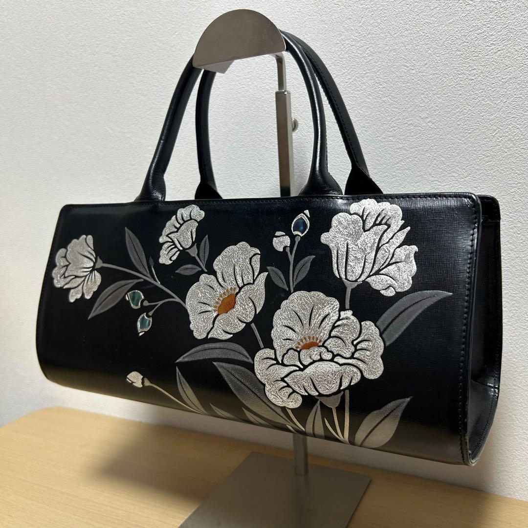坂本これくしょん 蒔絵レザーバッグ ハンドバッグ 花柄刺繍 美品