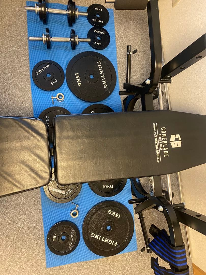 トレーニングベンチ シャフト・ダンベル・プレート付き