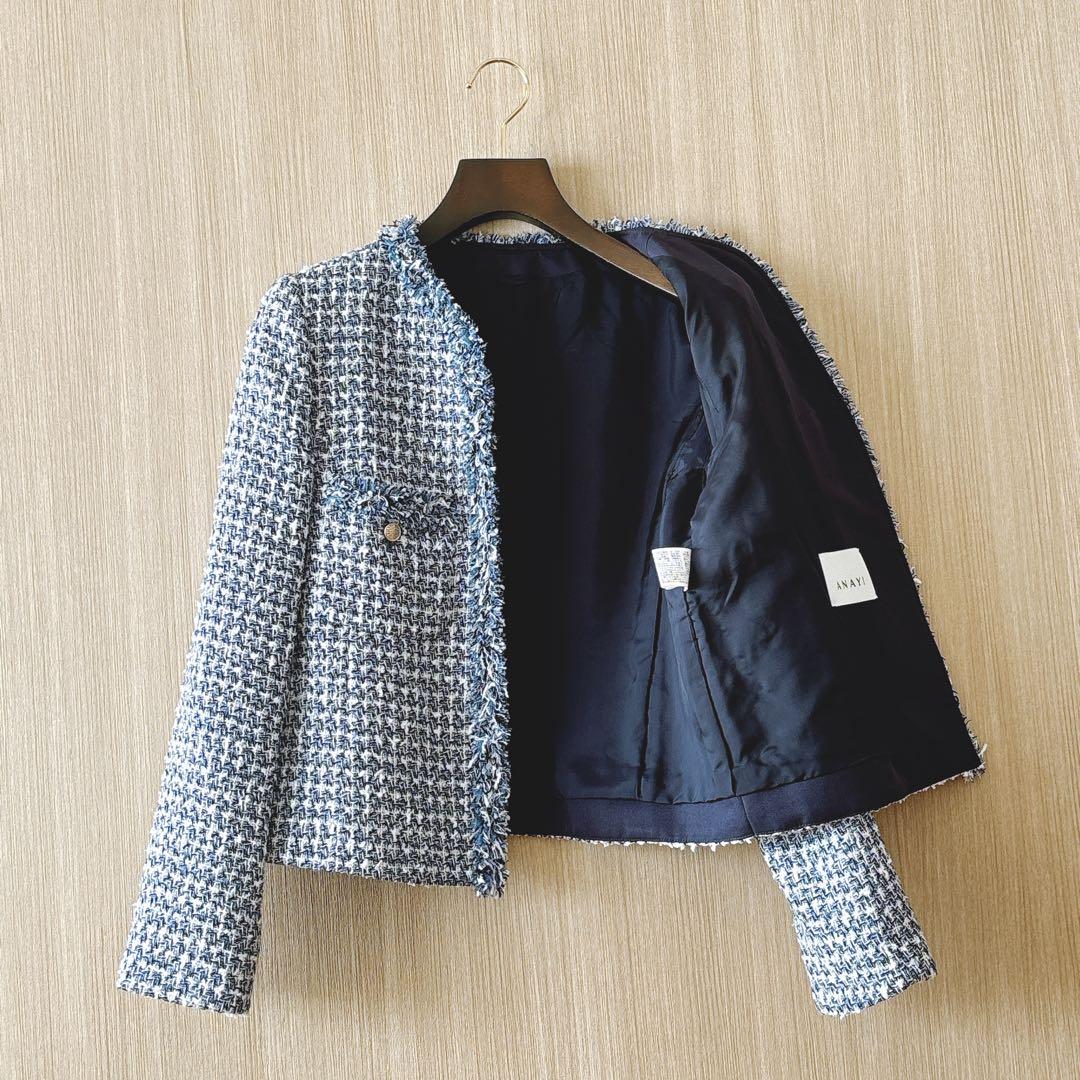 【1118】アナイ　ミックスツィードノーカラージャケット　フォーマル　濃紺　38