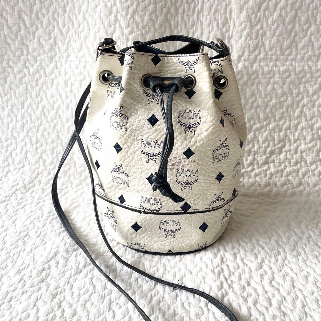 MCM 巾着バッグ　ショルダーバッグ　ホワイト　ヴィセトス柄　総柄　ヴィンテージ