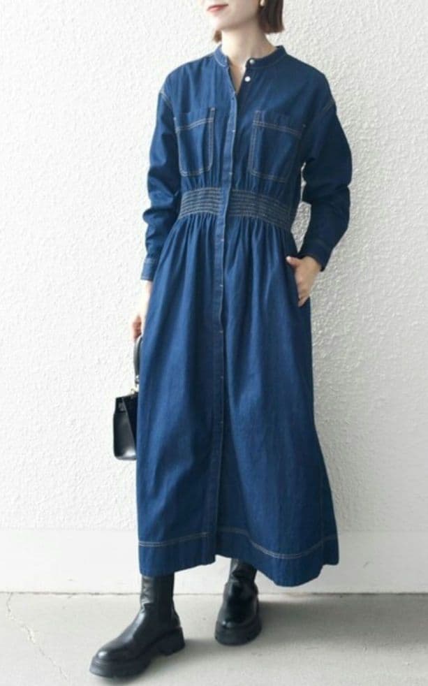 SHIPS any　シャーリング デニム ポケット ワンピース