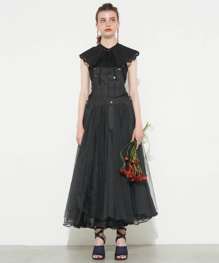 美品✨ラベルエチュード❤️ボリュームチュール×オーガンジーデニムサロペットF 黒