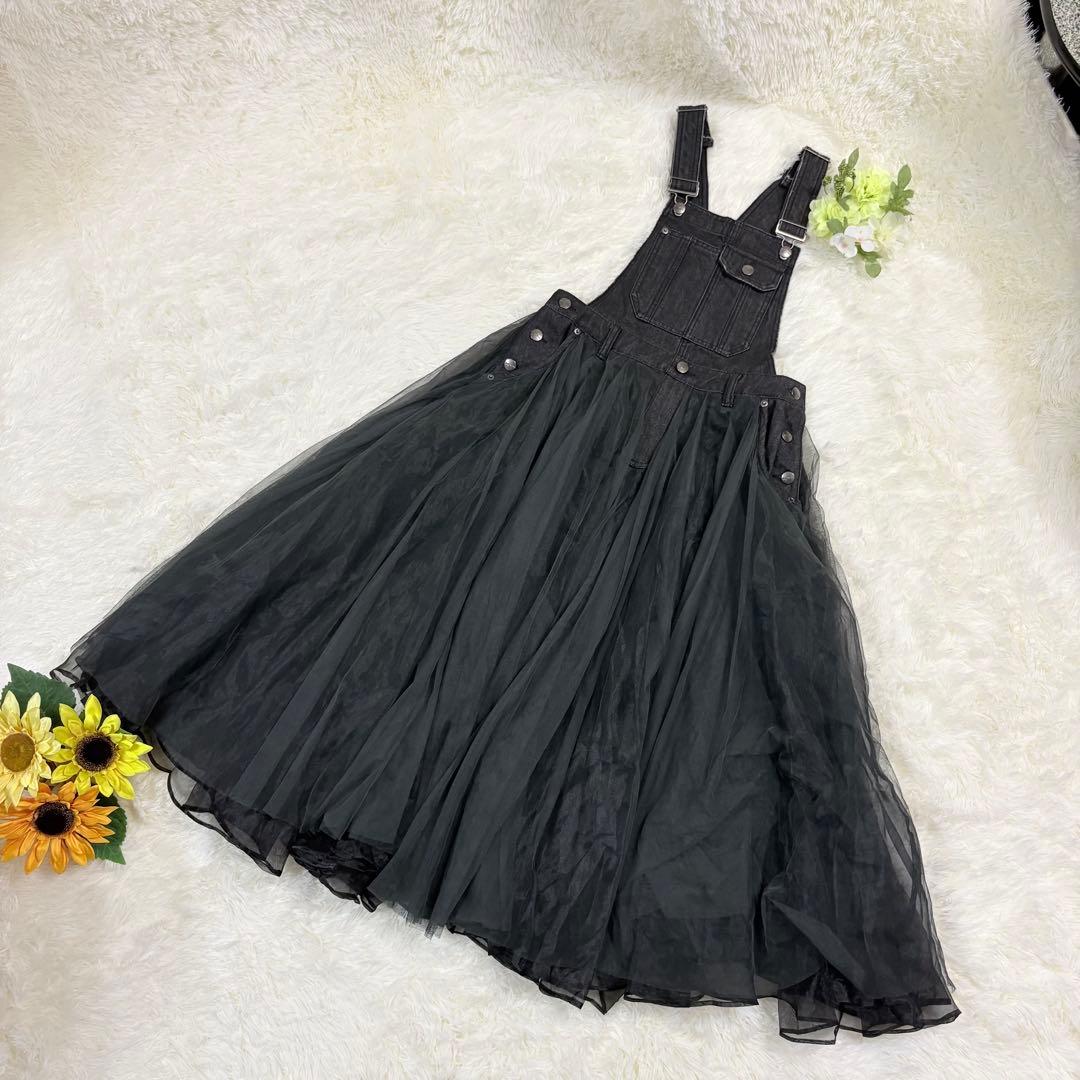 美品✨ラベルエチュード❤️ボリュームチュール×オーガンジーデニムサロペットF 黒