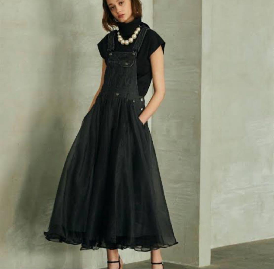 美品✨ラベルエチュード❤️ボリュームチュール×オーガンジーデニムサロペットF 黒