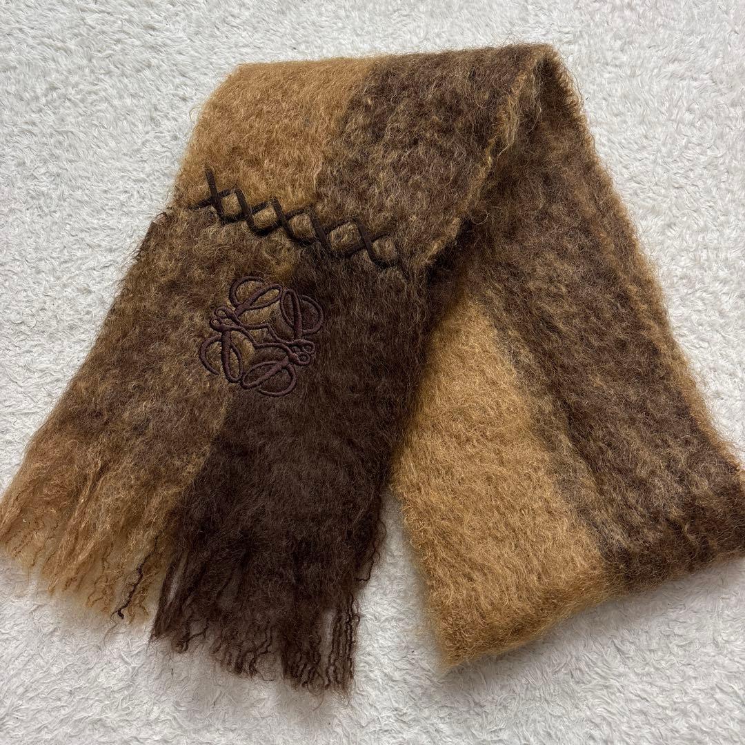LOEWE ロエベ　アナグラム刺繍　モヘヤマフラー　ブラウン