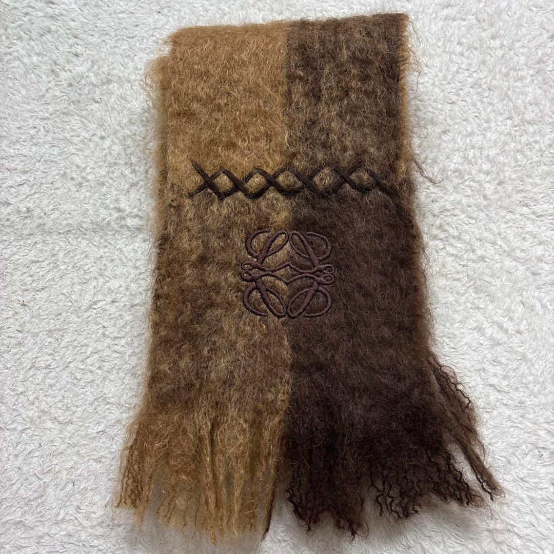 LOEWE ロエベ　アナグラム刺繍　モヘヤマフラー　ブラウン