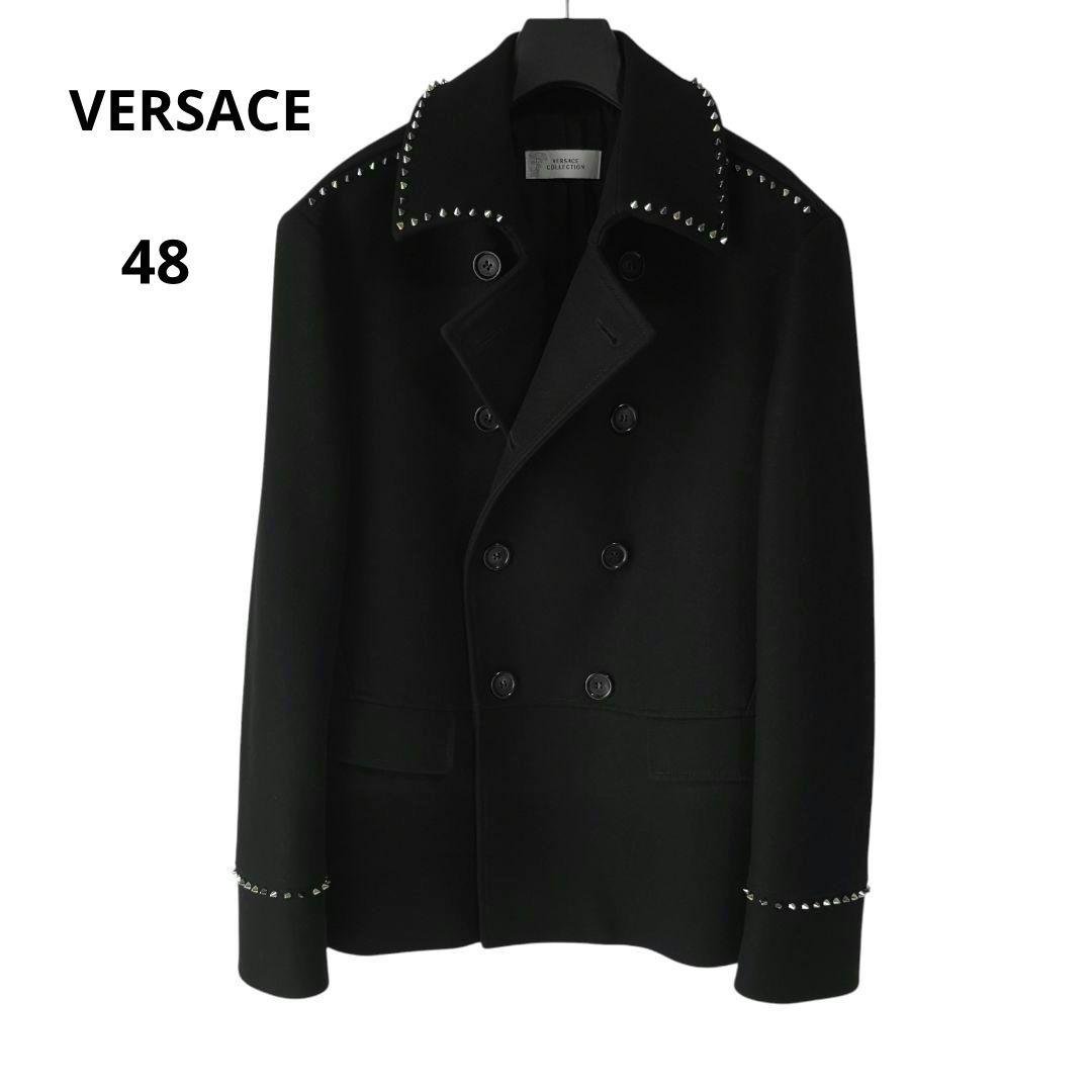 希少 VERSACE スタッズデザイン カシミヤ混 ウールコート 175/88A