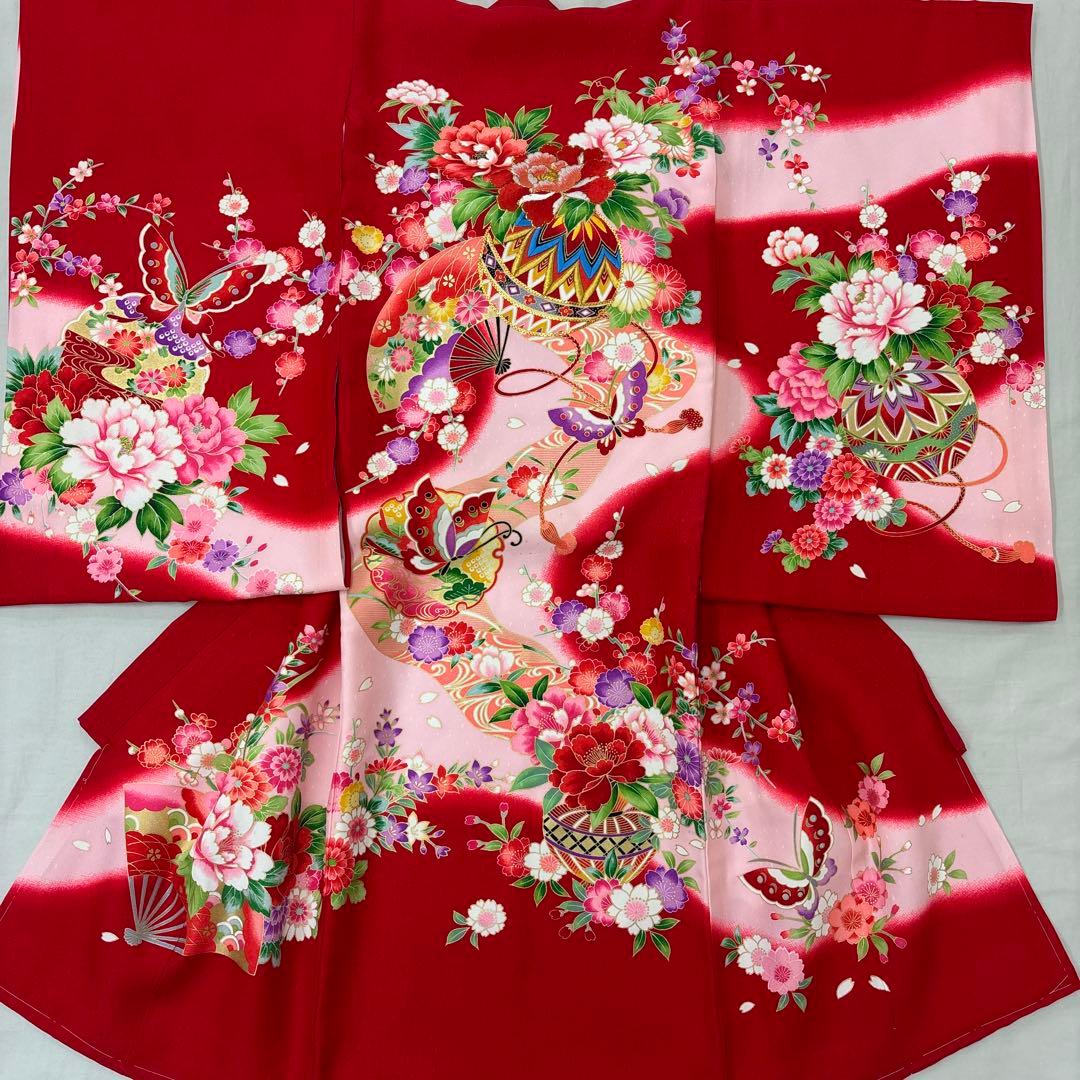 新品正絹産着（お祝着）最高級京友禅伝統染　豪華刺繍四季花祝い毬王朝扇面雪輪文