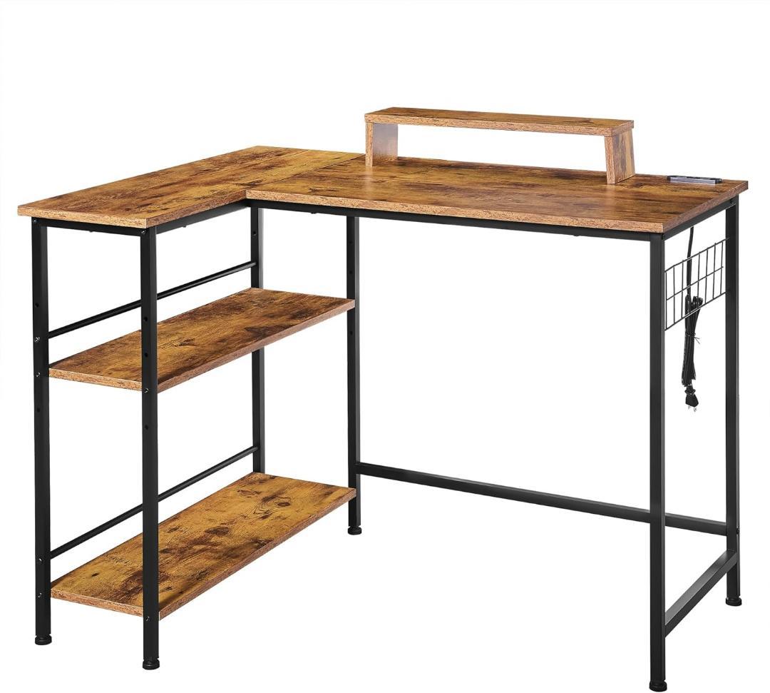 パソコンデスク L字デスク 電源コンセント付き モニター台付き サイドメッシュ付