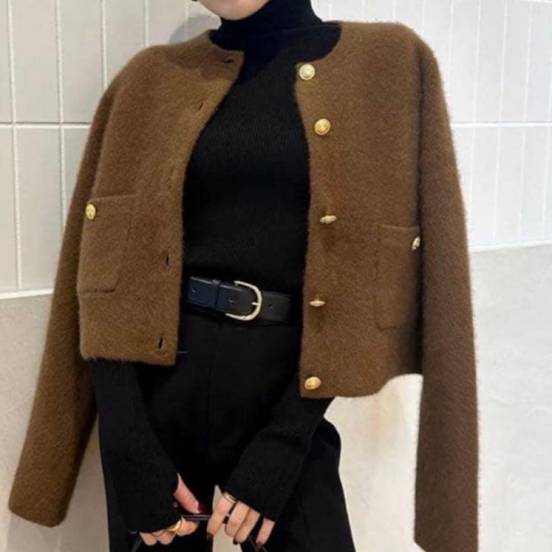 anuans ラクーンブレンドノーカラーニットジャケット キャメル