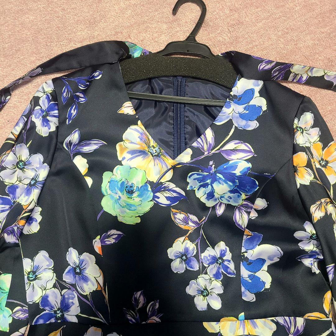 【☆美品☆】1度のみ着用[定価5万4千円]花柄ネイビー長袖ワンピース
